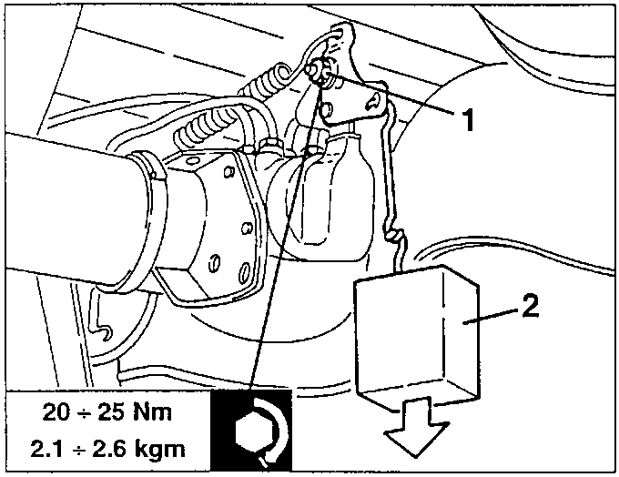 Brake force distributor rod calibration setup showing weight application and torque specification