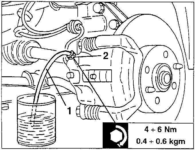 Brake bleeding setup showing pipe connected to bleeder valve and fluid in bowl