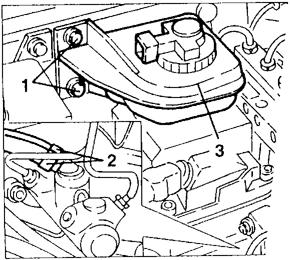 Brake-clutch fluid reservoir with screws, supply pipes, and clutch system supply pipe