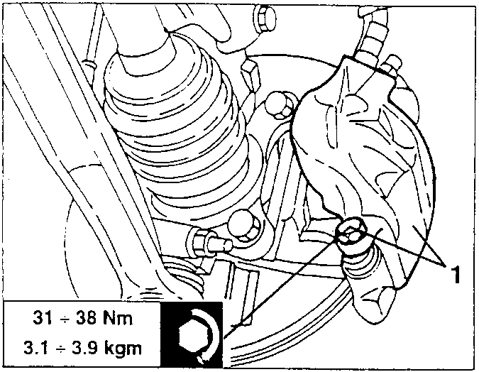 Brake caliper with fastening screws and torque specification