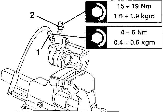 Brake caliper with hose connection and relief screw, showing torque values