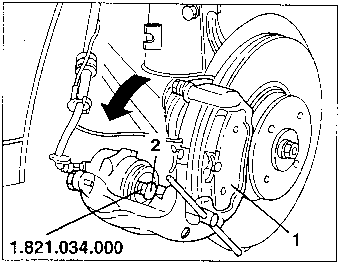 Caliper adjustment diagram showing tool 1.821.034.000 in use