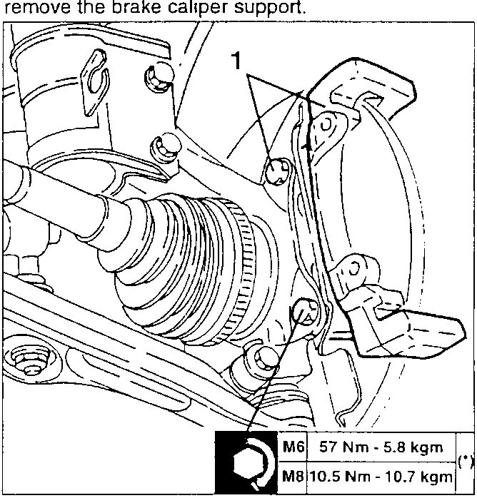 Illustrates removal of brake caliper support with torque specifications