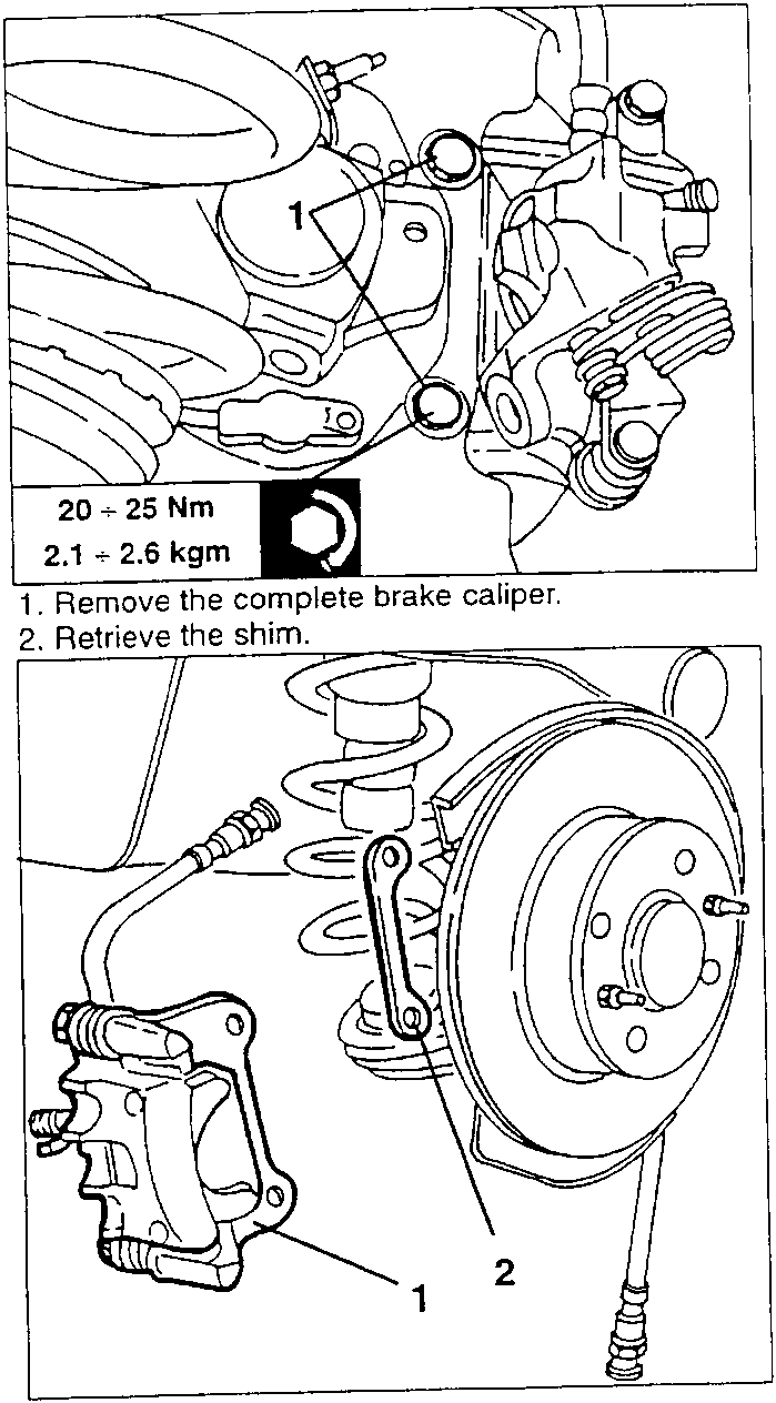 Two screws labeled 1 on a brake caliper attached to a disc brake assembly