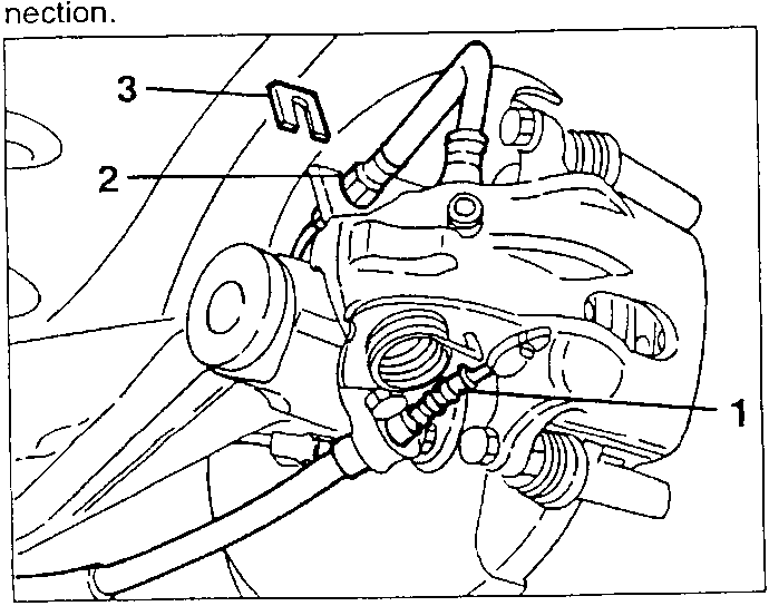 Brake caliper with callouts 1, 2, and 3 pointing to different parts of the caliper assembly