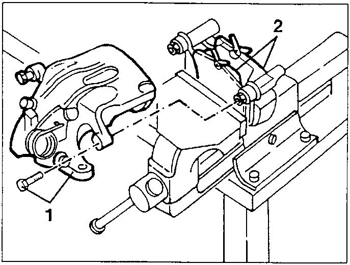 Brake caliper with support bracket and screws labeled 1 and 2.