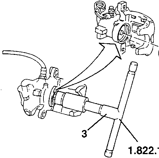 Piston being fitted into caliper with tool 1.822.108.000 labeled.