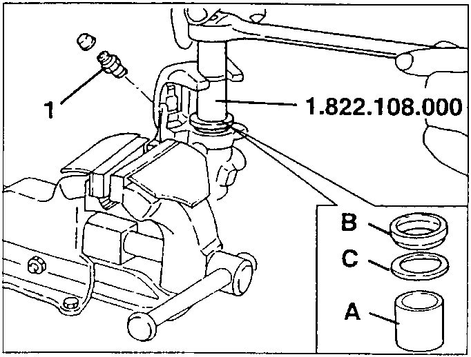 Relief screw being removed with tool 1.822.108.000, showing parts A, B, C labeled.