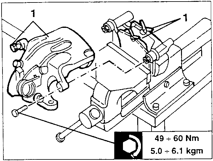 Brake caliper being fitted to its support bracket with the new fastening screws