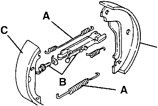 Shoes (C) with return springs (A) and self-adjusting play takeup device (B)