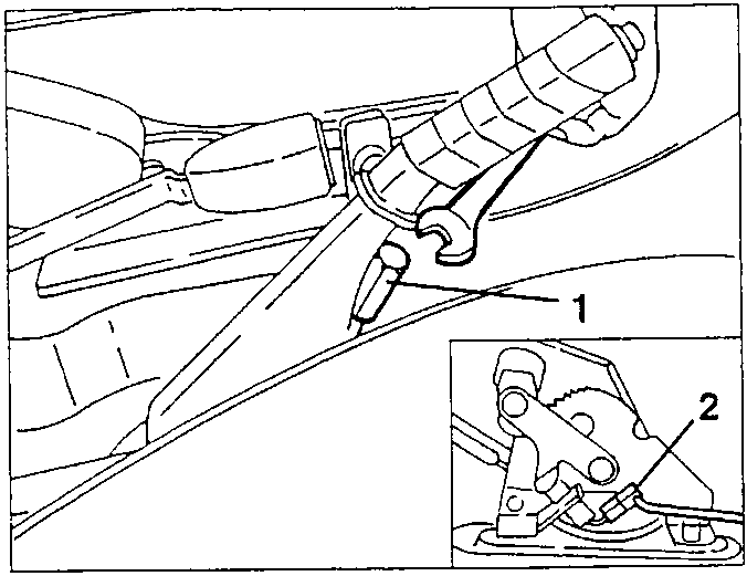 Handbrake lever adjustment nut (1) and the handbrake switch connection (2)
