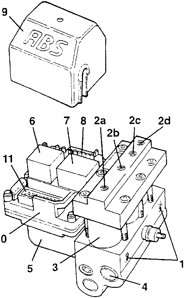 Electrohydraulic A.B.S. control unit with its cover and numbered components