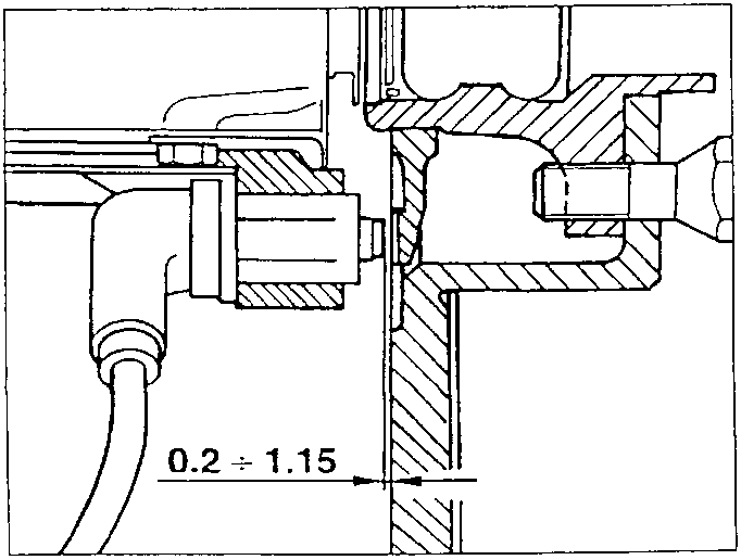 Section through the rear wheel inductive sensor showing the gap 0.2 ÷ 1.15