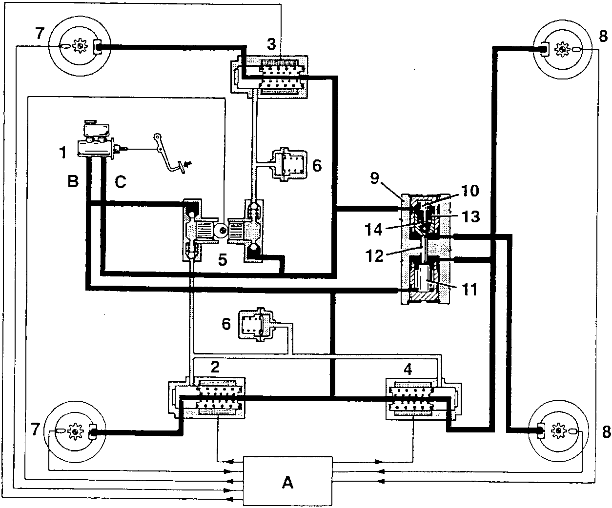 Hydraulic diagram of the A.B.S. circuit in the pressure increase phase