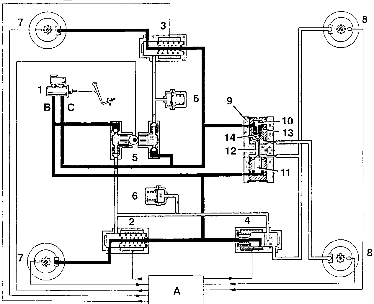 Hydraulic diagram of the A.B.S. circuit in the pressure decreasing phase