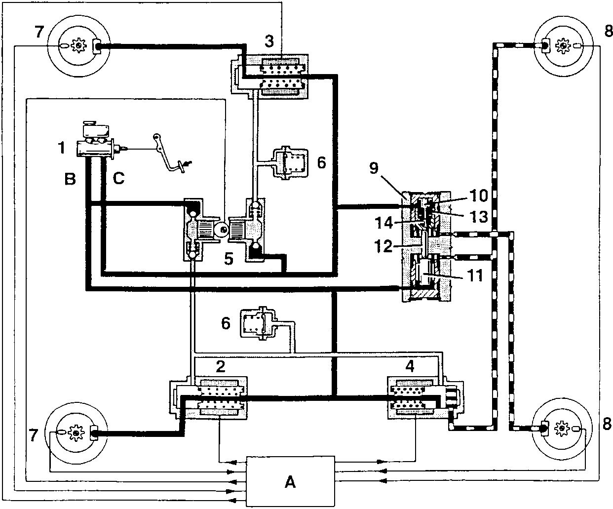 Hydraulic diagram of the A.B.S. circuit in the pressure maintaining phase