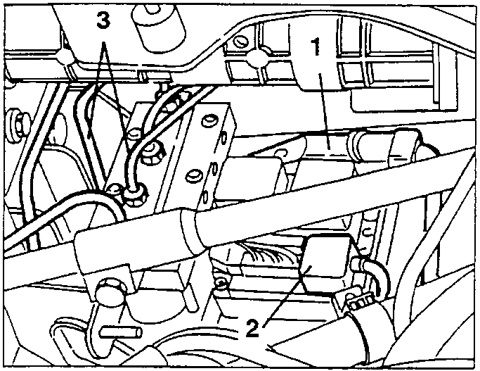 Diagram showing disconnection points for control unit wiring and brake hoses, labeled 1, 2, 3.