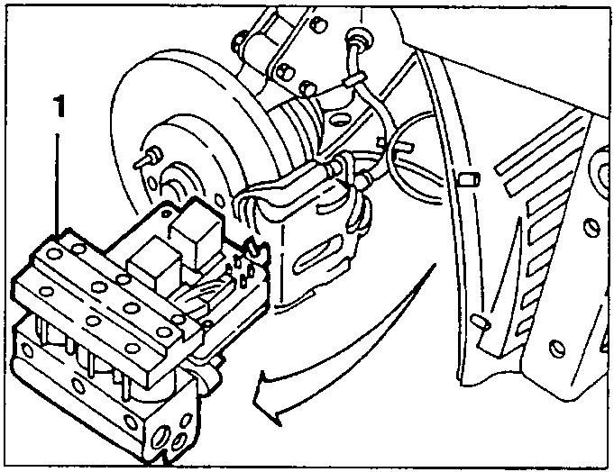 Diagram showing removal of hydraulic unit from wheel house, labeled 1.