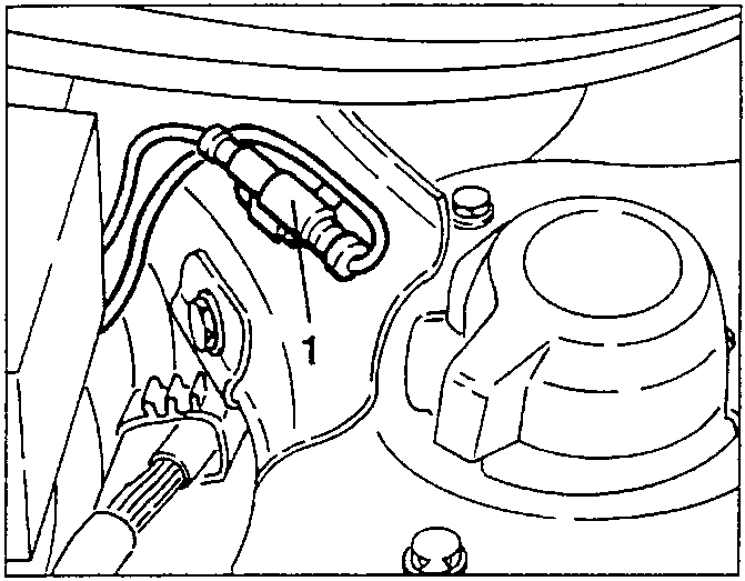 Electrical connection near shock absorber dome with inductive sensor labeled 1