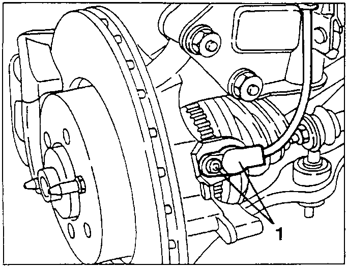 Inductive sensor attached to wheel upright with screw labeled 1