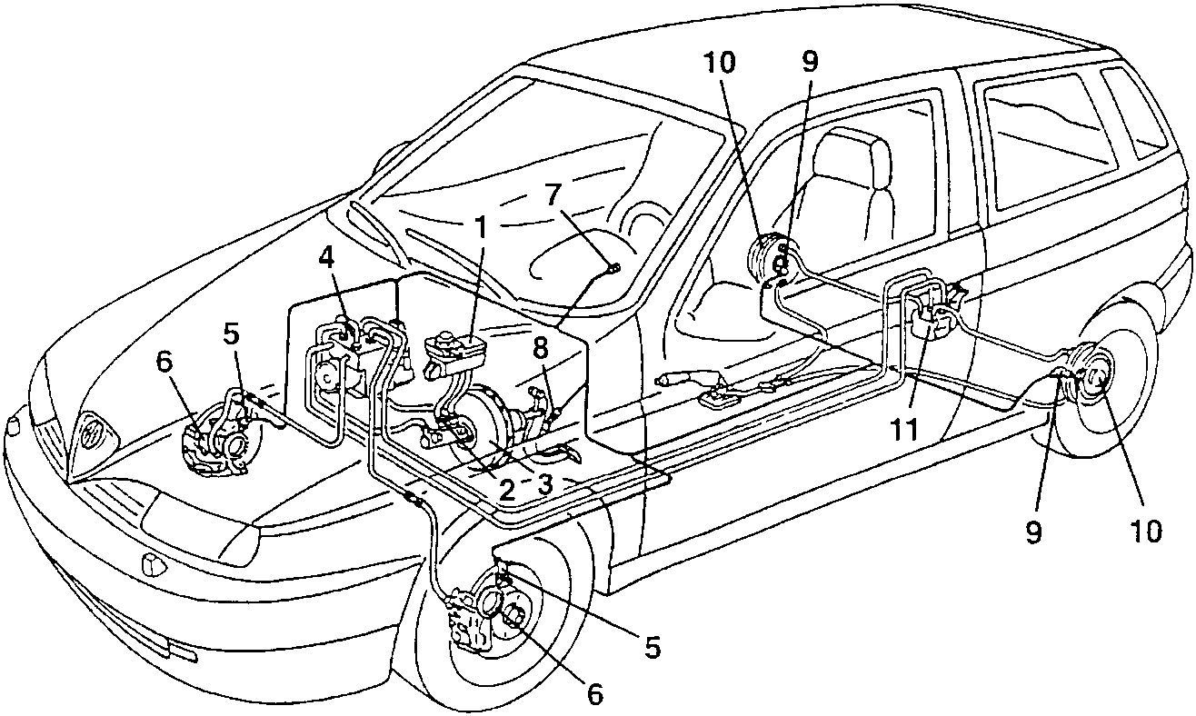 Schematic diagram of Bosch 5.3 ABS system showing components labeled 1 to 11