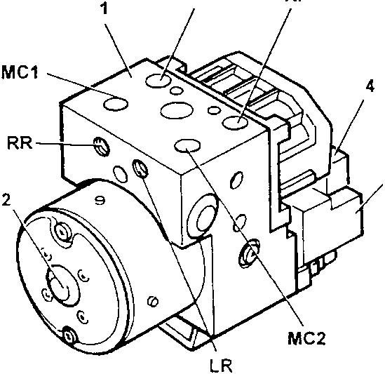 Electrohydraulic control unit diagram with labeled parts: MC1, MC2, LF, LR, RF, RR, F1, 1, 2, 3, 4