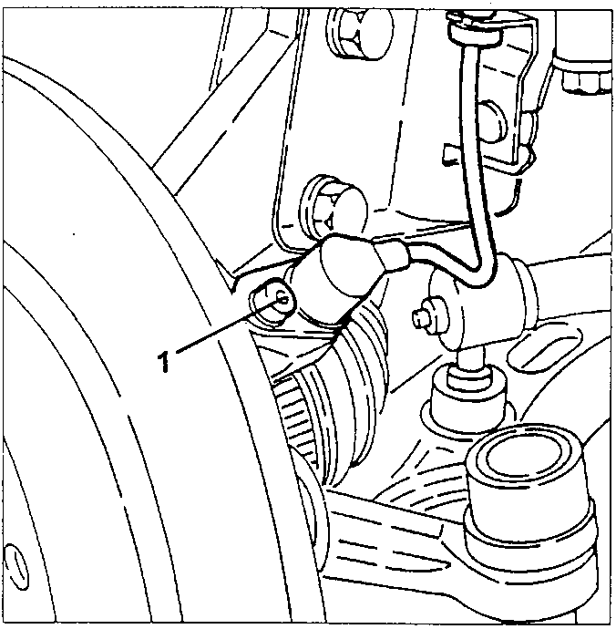Front wheel post with the ABS inductive sensor and its clamping screw marked 1
