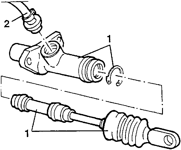 Clutch pedal components diagram showing piston, retainer ring, and seal with fluid inlet connection