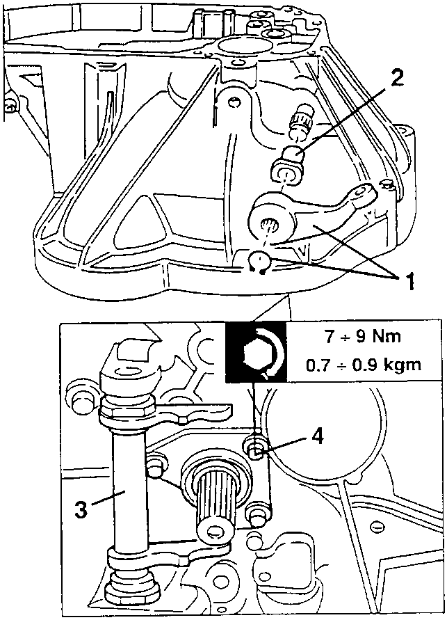 Gearbox cover with clutch engagement control lever (1), anti-slip bush (2), and thrust bearing sleeve (3) and pin (4)