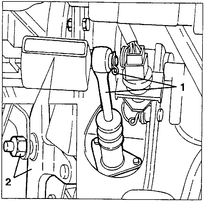 Clutch pedal with numbered parts 1 and 2 shown in engine bay context