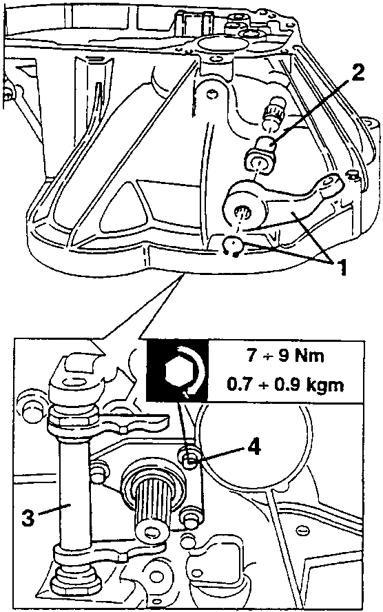 Gearbox cover with clutch engagement control lever, anti-slip bush, control fork and pin, and thrust bearing sleeve screws