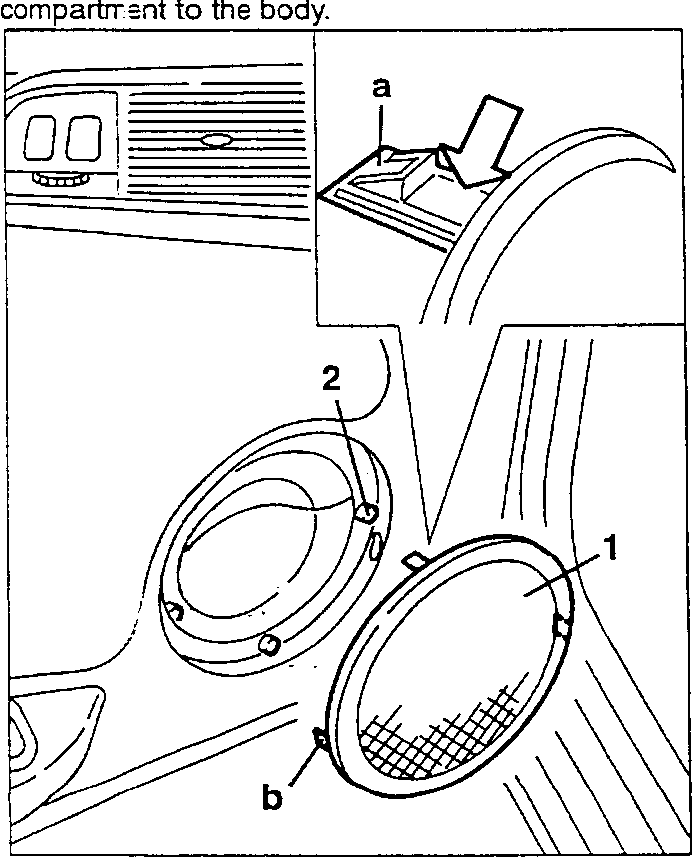 Diagram showing speaker protection grille with upper catch (a) and rear catch (b), and screws labeled as 1 and 2.