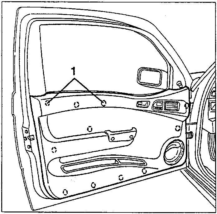Diagram showing door panel with plastic buttons and screw locations