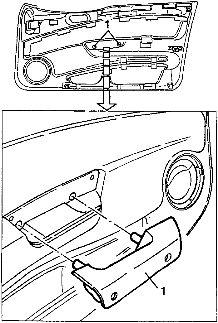 Diagram showing removal of armrest handle from door panel