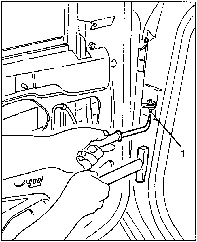 Diagram showing removal of pin from door check-strap using tool