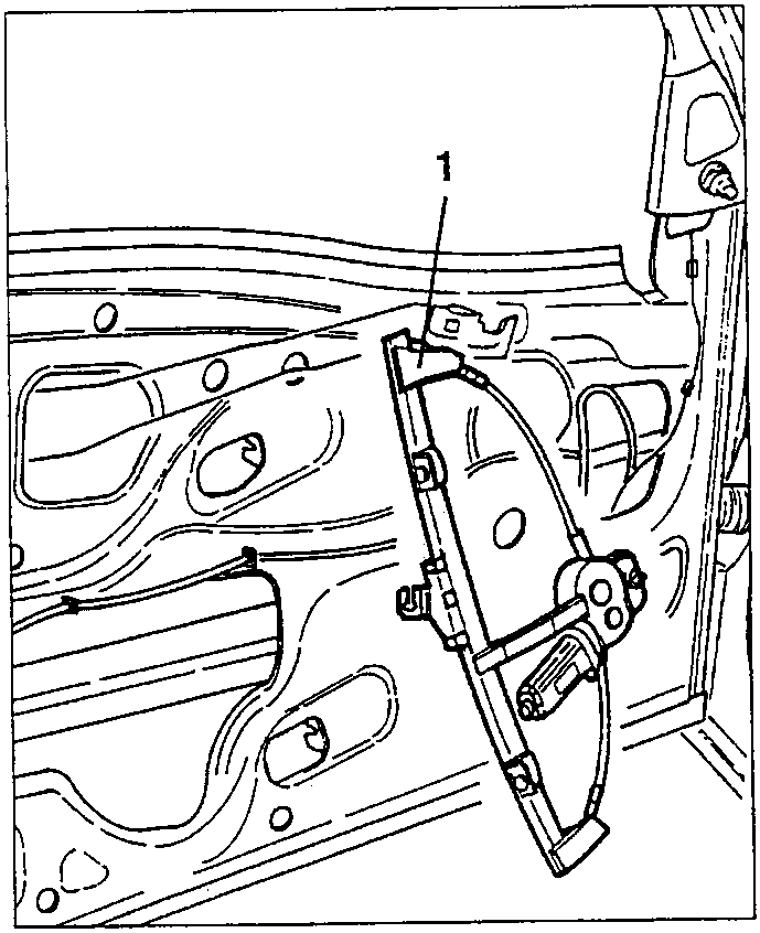 Diagram showing window raising device being withdrawn from inside the door, marked as 1.