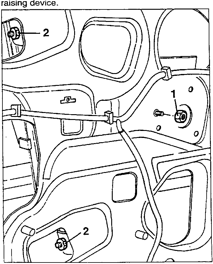 Diagram showing nuts 1 and 2 for window raising device.