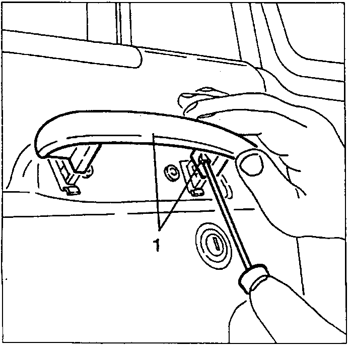Diagram showing removal of outer door handle using screwdriver