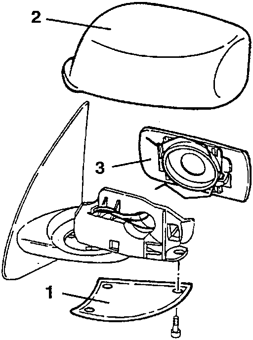 Wing mirror trim components: 1. Lower trim, 2. Outer casing, 3. Mirror glass