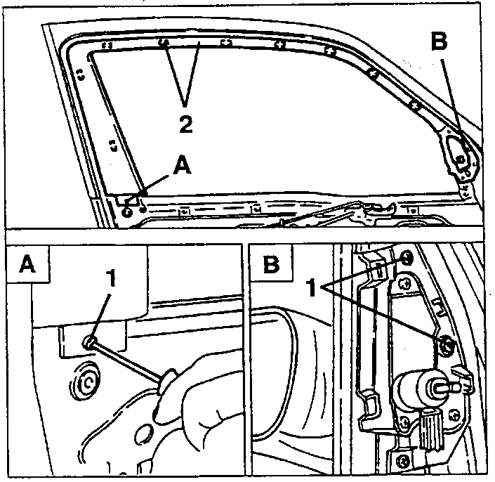 Door window frame with moulding, plastic button positions 2 and details A and B showing the screws 1