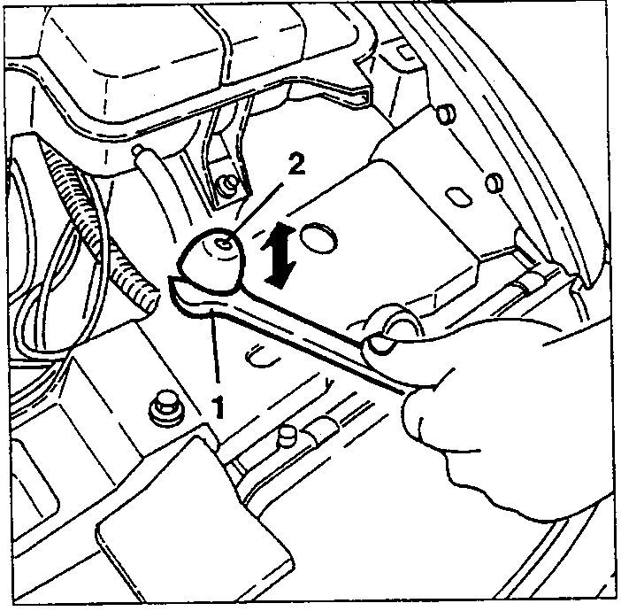 Adjusting the bonnet buffer 2 with a spanner on nut 1