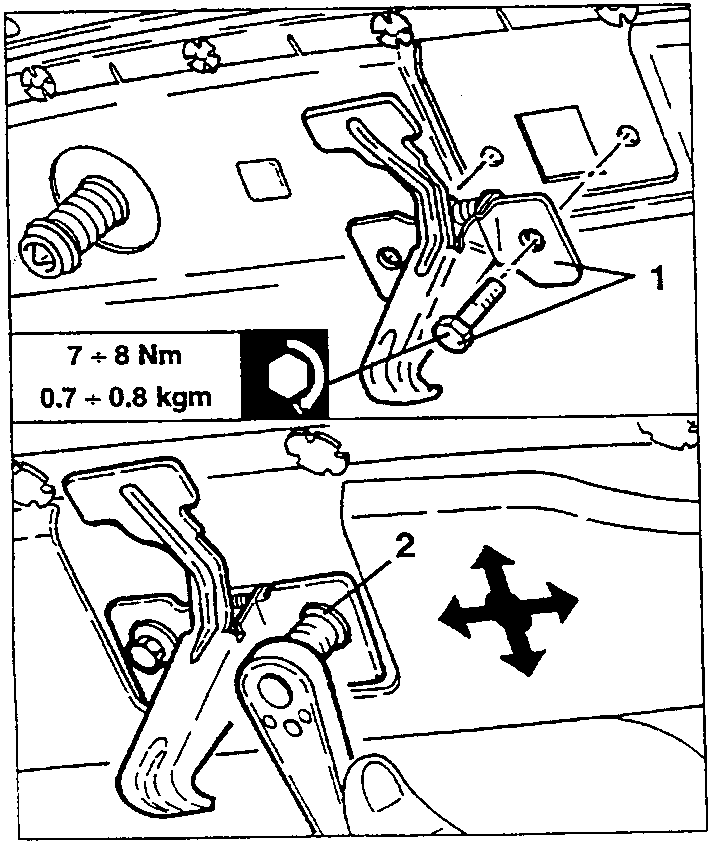 Bonnet closure safety device with screws 1 and adjustment 2, with arrows showing adjustment directions