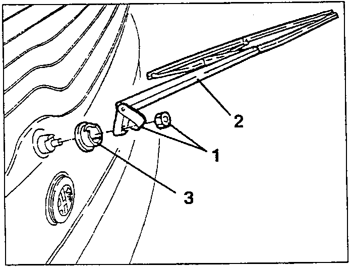 Rear windscreen wiper arm 2, nut 1 and rubber protection 3