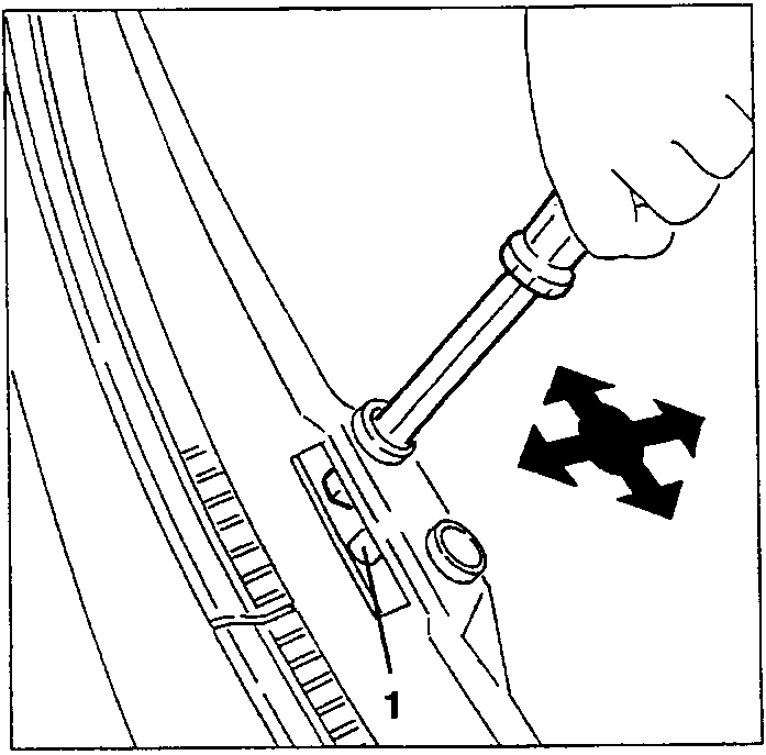 Hand using a screwdriver to loosen a screw on a boot catch, with an arrow indicating adjustment direction.