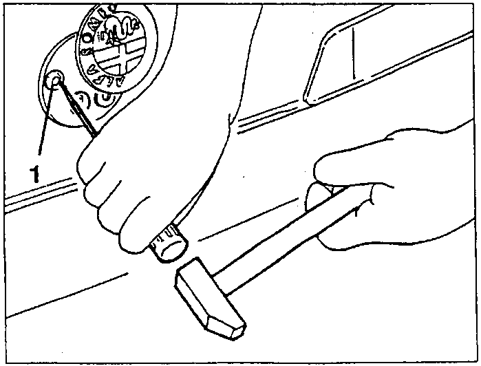 Diagram showing hands using a punch to loosen screws on a car's bonnet, labeled 1.