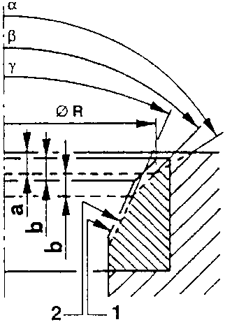 Valve seat profile showing origin and reconditioned profiles with dimensions a, b, ØR and angles α, β, γ