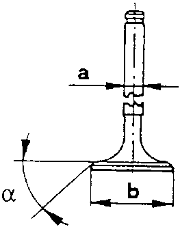 Diagram of a valve showing stem diameter 'a', mushroom head dimensions 'b' and angle α