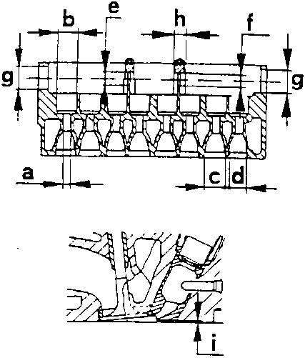 Cylinder head cross-section showing valve guides, seats, camshaft bearings, and precombustion chamber protrusion.