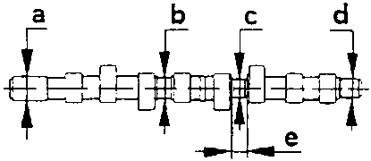 Diagram showing camshaft with labeled journals a, b, c, d and shoulder e