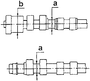 Diagram of camshaft with pins 'a' and phase transformer pin 'b'